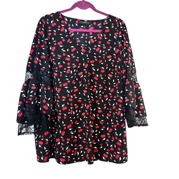Lane Bryant Womens Top Blouse Size 14 16 Red Cherries Print Ruffle Sleeve - Picture 1 of 3